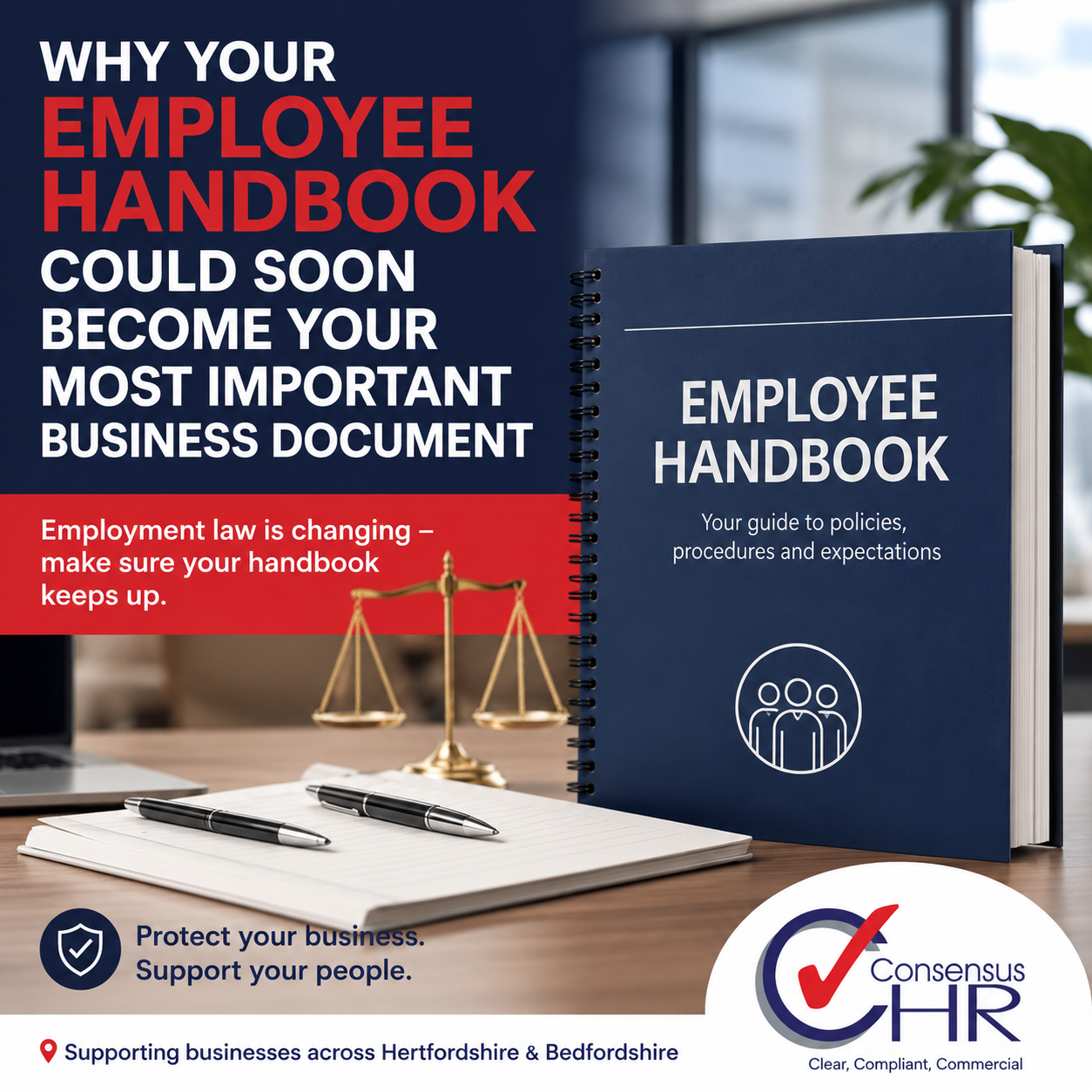 Promotional image of an Employee Handbook on a desk with a blue binder, scales of justice, pens, and the Consensus HR logo in the corner.