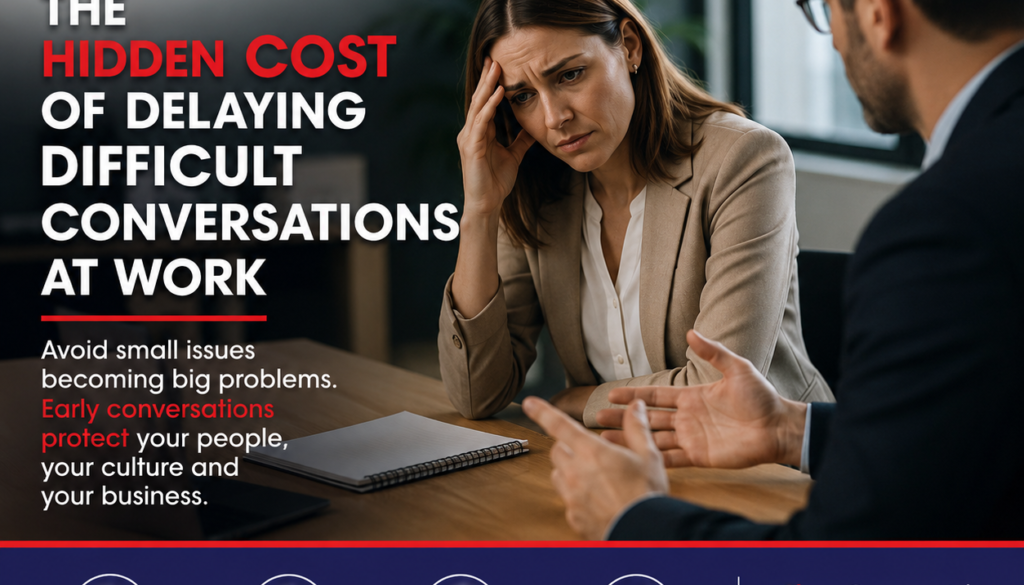 Consensus HR banner: a distressed woman in a beige blazer consults with a colleague about difficult conversations at work, with bold headline text.