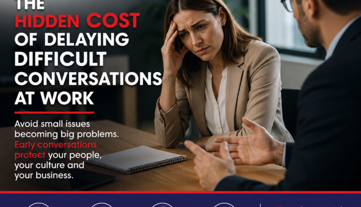 Consensus HR banner: a distressed woman in a beige blazer consults with a colleague about difficult conversations at work, with bold headline text.