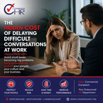 Consensus HR banner: a distressed woman in a beige blazer consults with a colleague about difficult conversations at work, with bold headline text.
