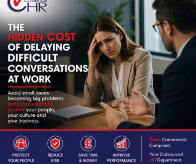 Consensus HR banner: a distressed woman in a beige blazer consults with a colleague about difficult conversations at work, with bold headline text.