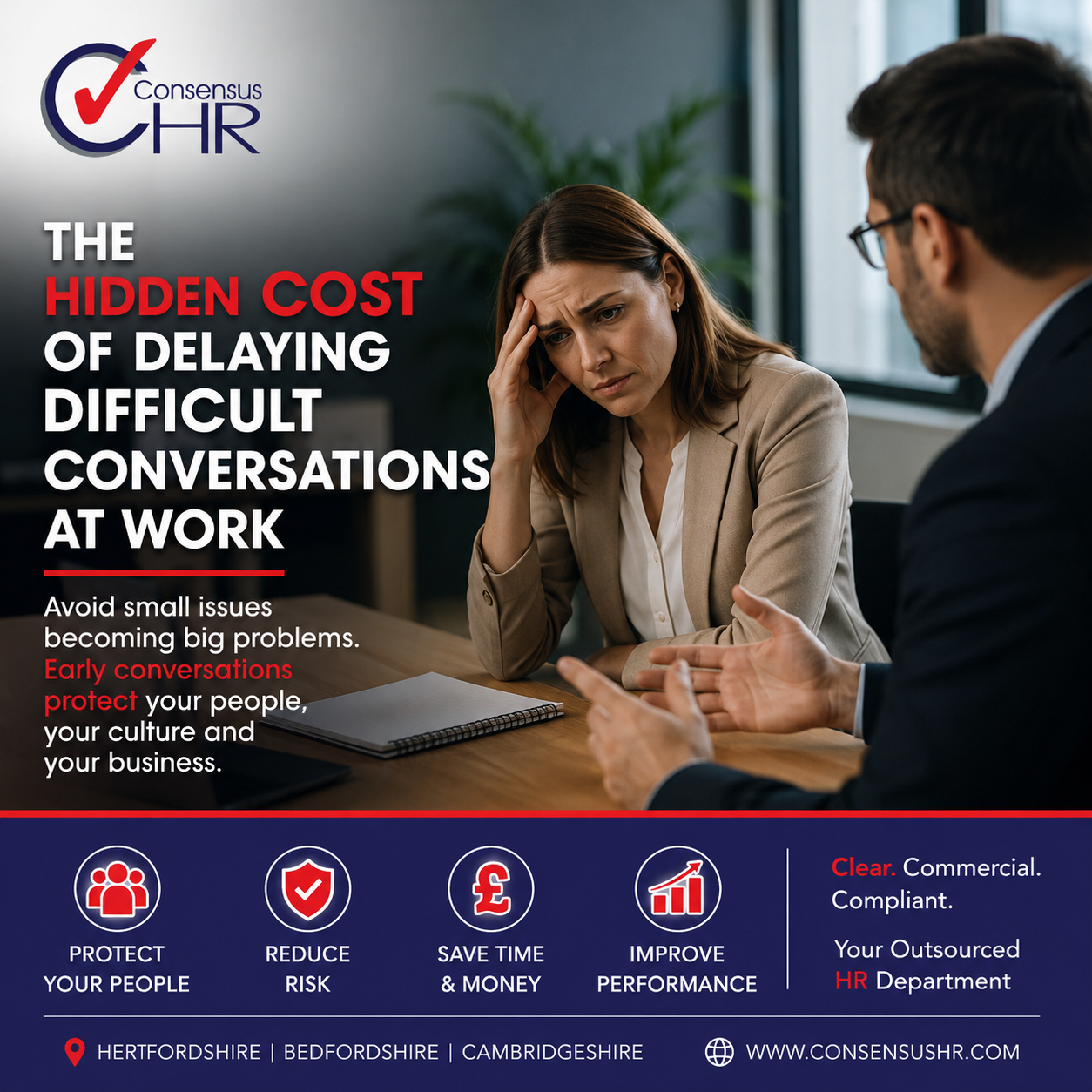 Consensus HR banner: a distressed woman in a beige blazer consults with a colleague about difficult conversations at work, with bold headline text.