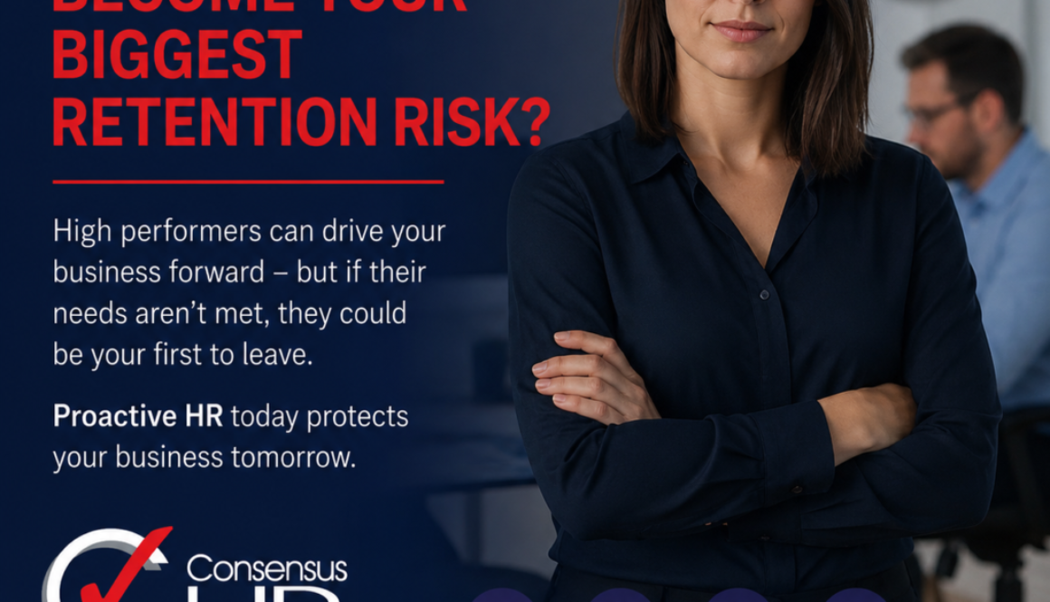 Professional woman with folded arms beside a bold headline about retention risk in a blue ad for Consensus HR.