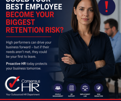 Professional woman with folded arms beside a bold headline about retention risk in a blue ad for Consensus HR.