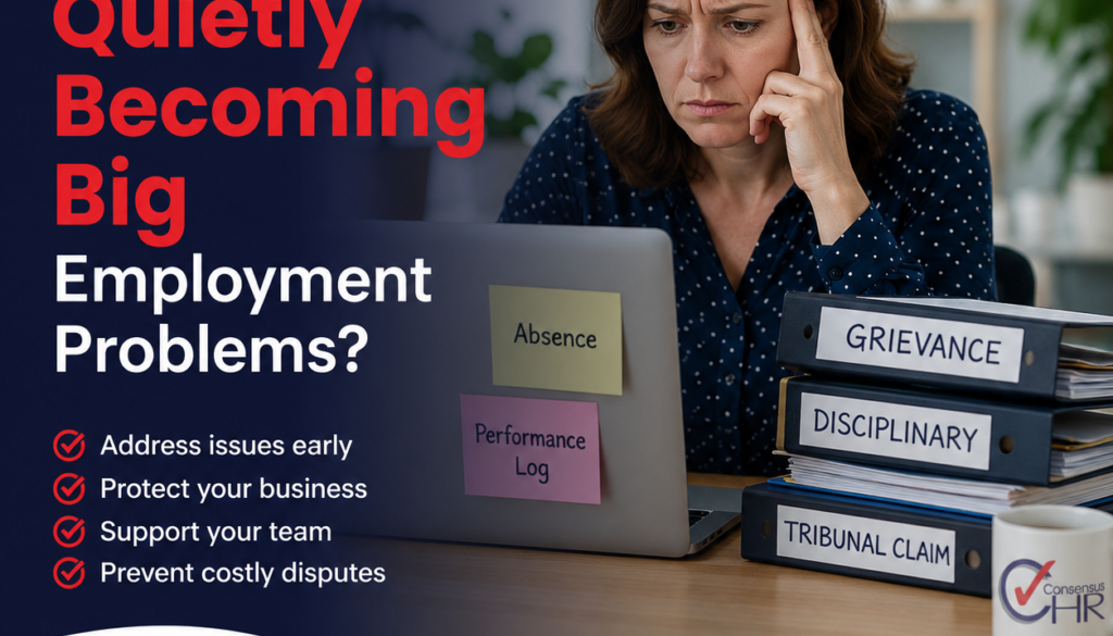 Concerned woman at a desk with HR binders labeled Grievance, Disciplinary, and Tribunal Claim; headline asks if small HR problems are becoming big employment problems.