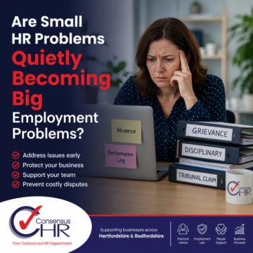 Concerned woman at a desk with HR binders labeled Grievance, Disciplinary, and Tribunal Claim; headline asks if small HR problems are becoming big employment problems.