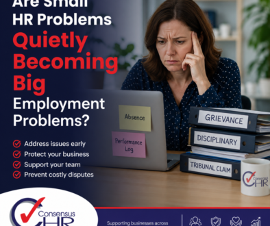 Concerned woman at a desk with HR binders labeled Grievance, Disciplinary, and Tribunal Claim; headline asks if small HR problems are becoming big employment problems.
