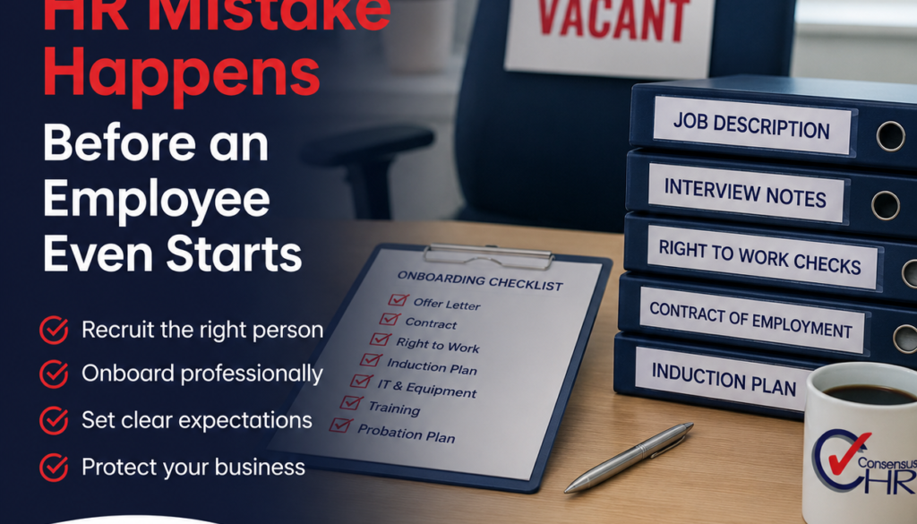Poster about expensive HR mistakes, emphasizing onboarding before a new employee starts; desk with labeled binders and a clipboard checklist nearby.