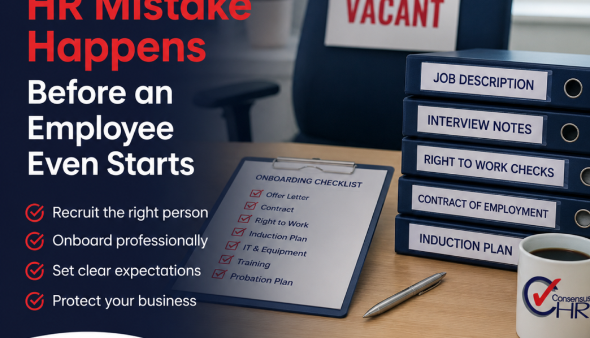 Poster about expensive HR mistakes, emphasizing onboarding before a new employee starts; desk with labeled binders and a clipboard checklist nearby.
