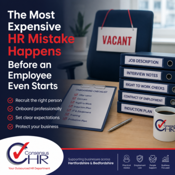 Poster about expensive HR mistakes, emphasizing onboarding before a new employee starts; desk with labeled binders and a clipboard checklist nearby.