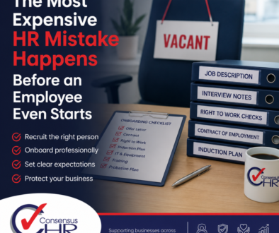 Poster about expensive HR mistakes, emphasizing onboarding before a new employee starts; desk with labeled binders and a clipboard checklist nearby.