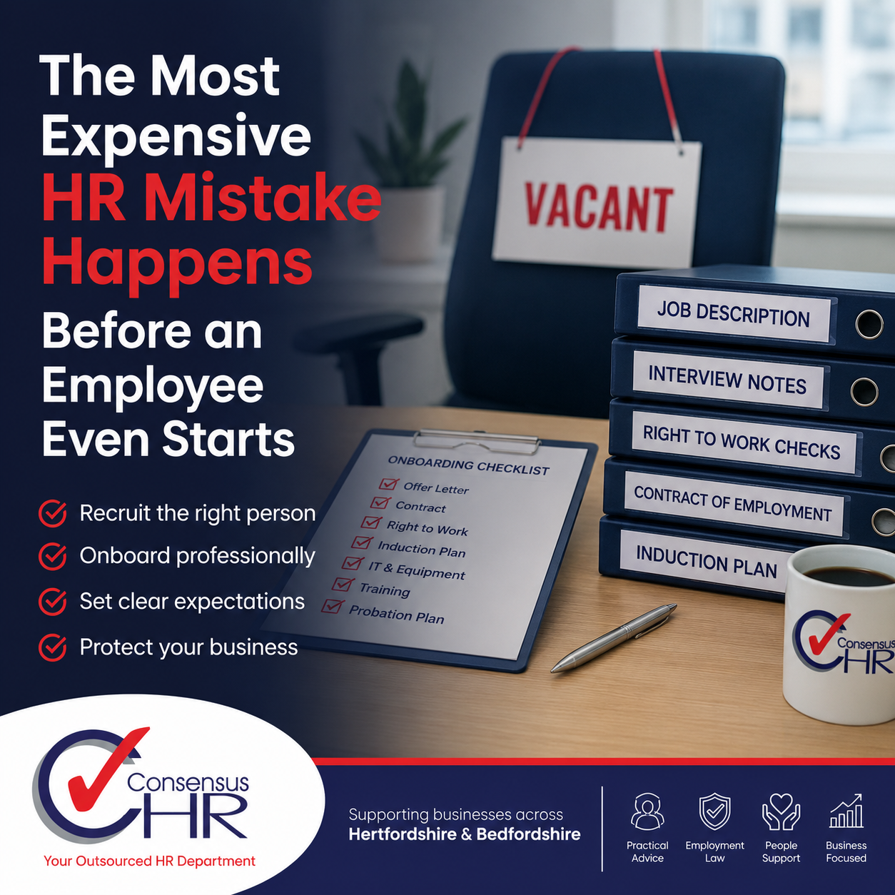 Poster about expensive HR mistakes, emphasizing onboarding before a new employee starts; desk with labeled binders and a clipboard checklist nearby.