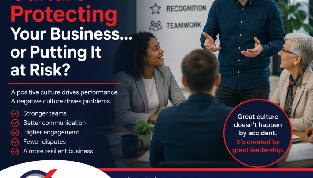 Promotional poster about workplace culture and leadership; a man talks to diverse colleagues in a meeting with bold text about culture protecting your business.