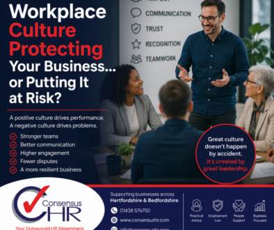 Promotional poster about workplace culture and leadership; a man talks to diverse colleagues in a meeting with bold text about culture protecting your business.