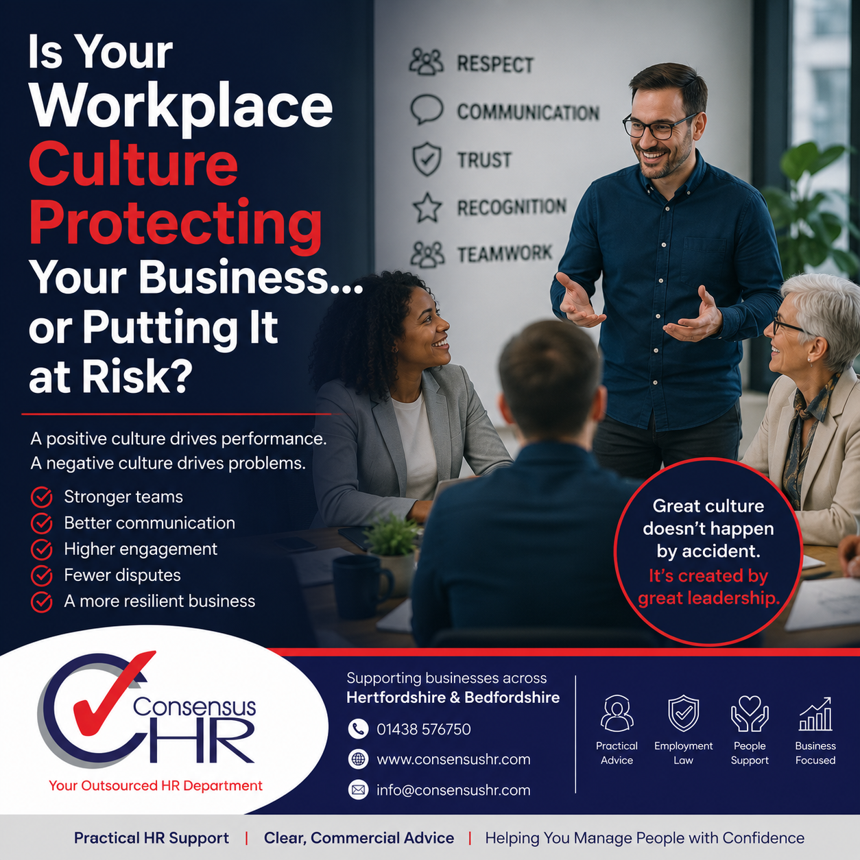 Promotional poster about workplace culture and leadership; a man talks to diverse colleagues in a meeting with bold text about culture protecting your business.