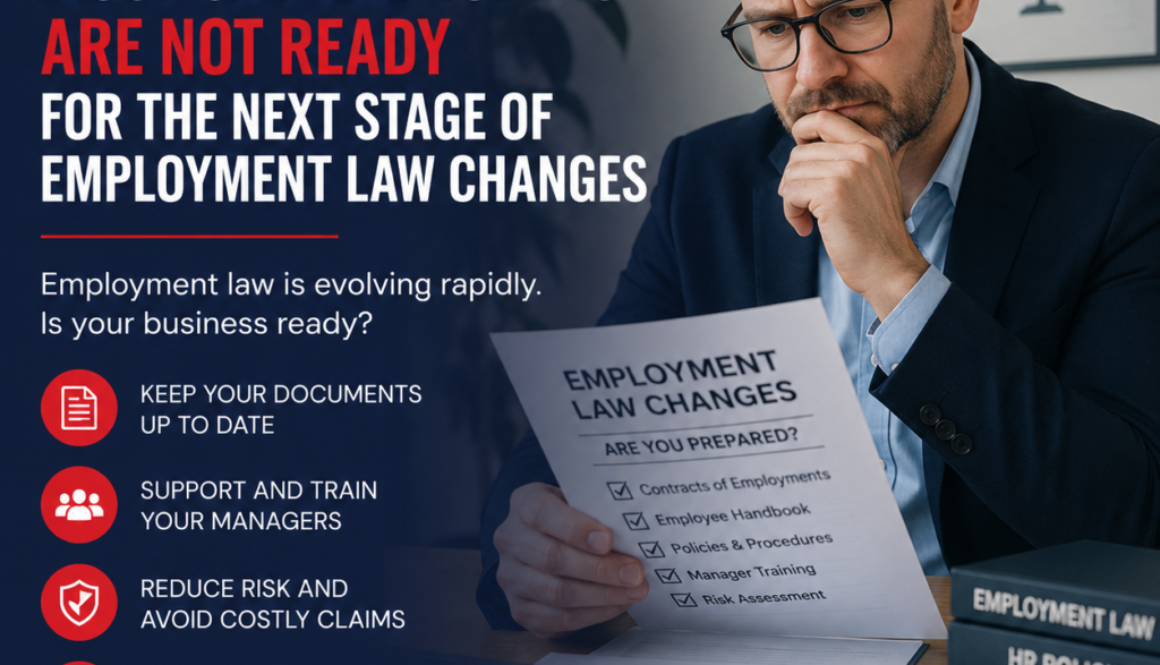 Poster for Consensus HR about employment law changes showing a man reviewing an 'Employment Law Changes' sheet with contact info at the bottom.
