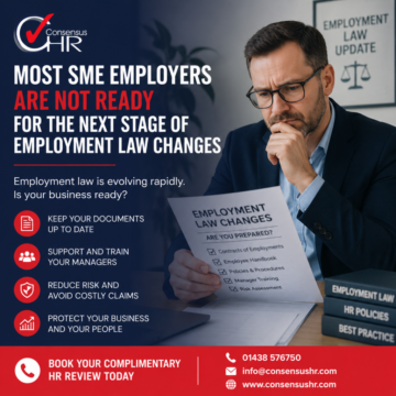 Poster for Consensus HR about employment law changes showing a man reviewing an 'Employment Law Changes' sheet with contact info at the bottom.