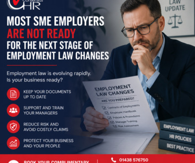 Poster for Consensus HR about employment law changes showing a man reviewing an 'Employment Law Changes' sheet with contact info at the bottom.