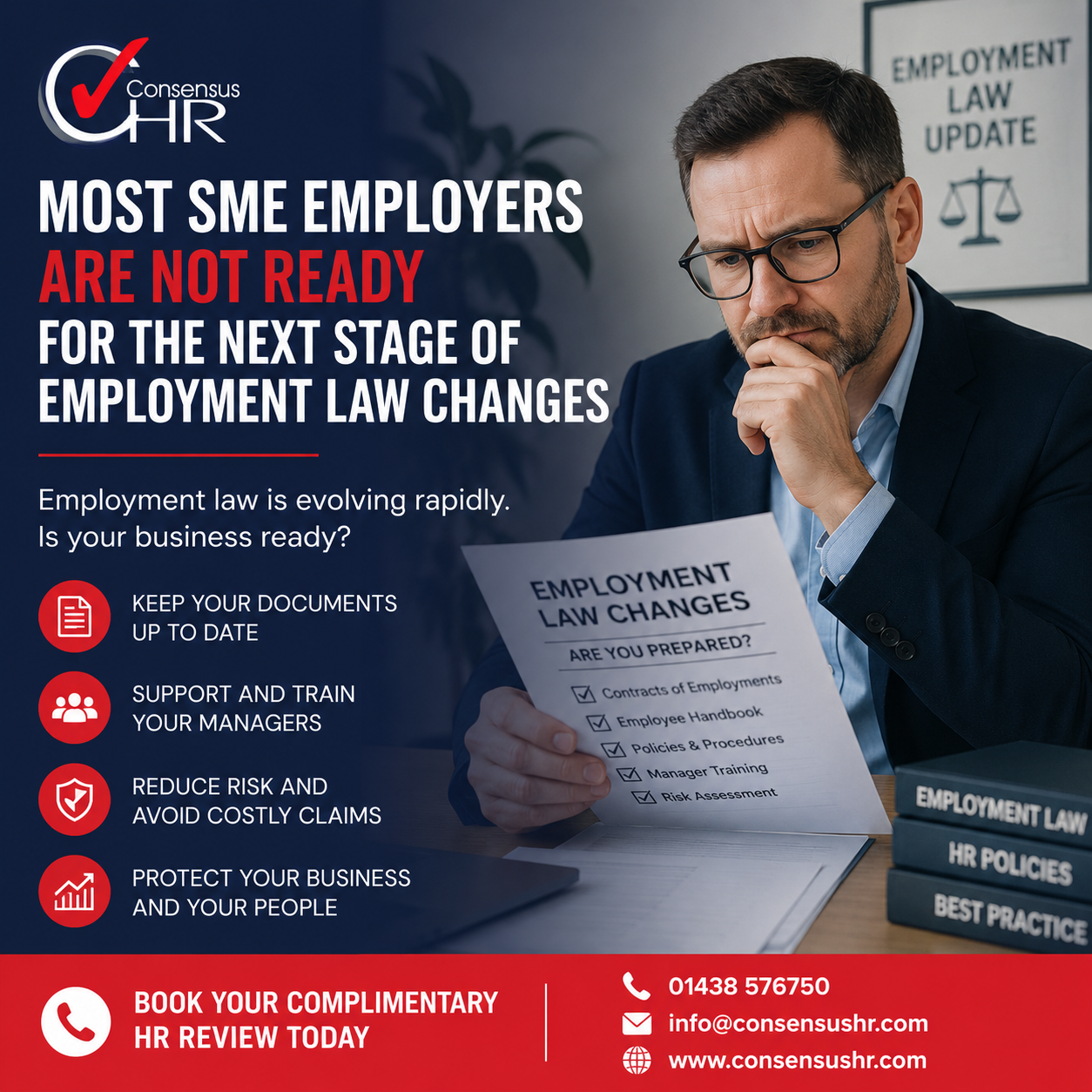 Poster for Consensus HR about employment law changes showing a man reviewing an 'Employment Law Changes' sheet with contact info at the bottom.