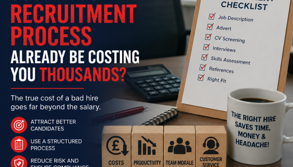 Poster about recruitment costs with bold white and red headline; right side shows a 'Recruitment Checklist' clipboard and wooden blocks on a desk.