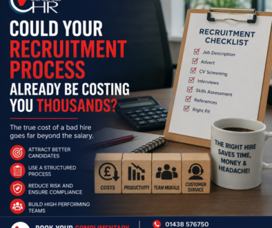 Poster about recruitment costs with bold white and red headline; right side shows a 'Recruitment Checklist' clipboard and wooden blocks on a desk.