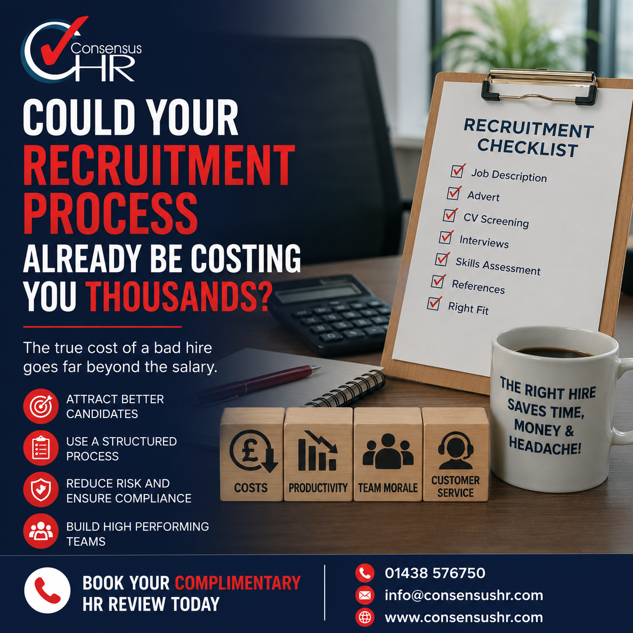 Poster about recruitment costs with bold white and red headline; right side shows a 'Recruitment Checklist' clipboard and wooden blocks on a desk.