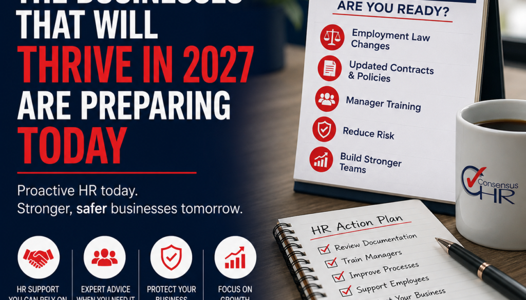 Promotional HR poster: bold white and red text about businesses thriving in 2027, with a calendar showing 2027 and HR plan icons on the right side.