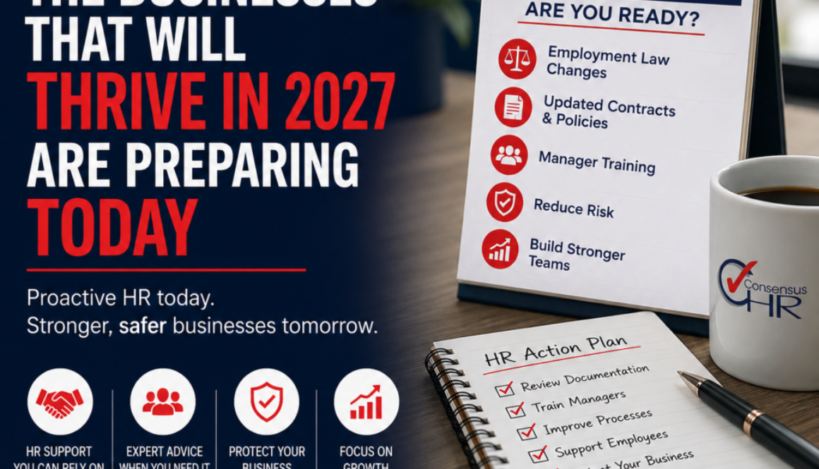 Promotional HR poster: bold white and red text about businesses thriving in 2027, with a calendar showing 2027 and HR plan icons on the right side.