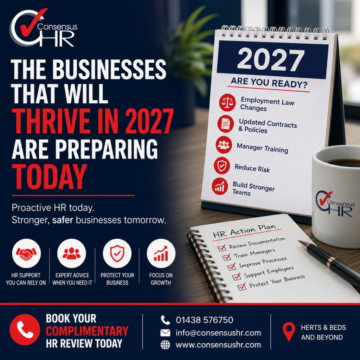 Promotional HR poster: bold white and red text about businesses thriving in 2027, with a calendar showing 2027 and HR plan icons on the right side.
