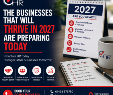 Promotional HR poster: bold white and red text about businesses thriving in 2027, with a calendar showing 2027 and HR plan icons on the right side.