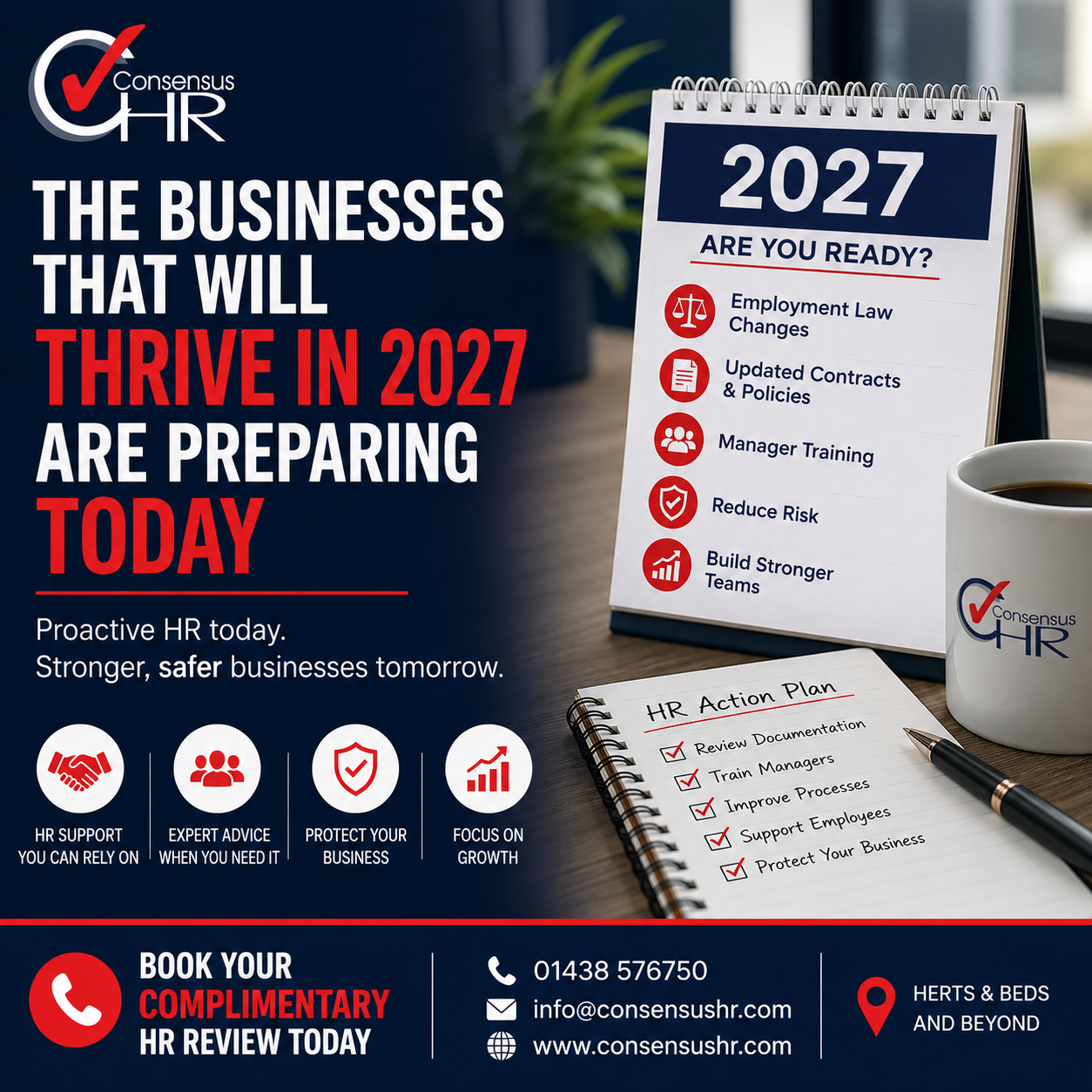 Promotional HR poster: bold white and red text about businesses thriving in 2027, with a calendar showing 2027 and HR plan icons on the right side.