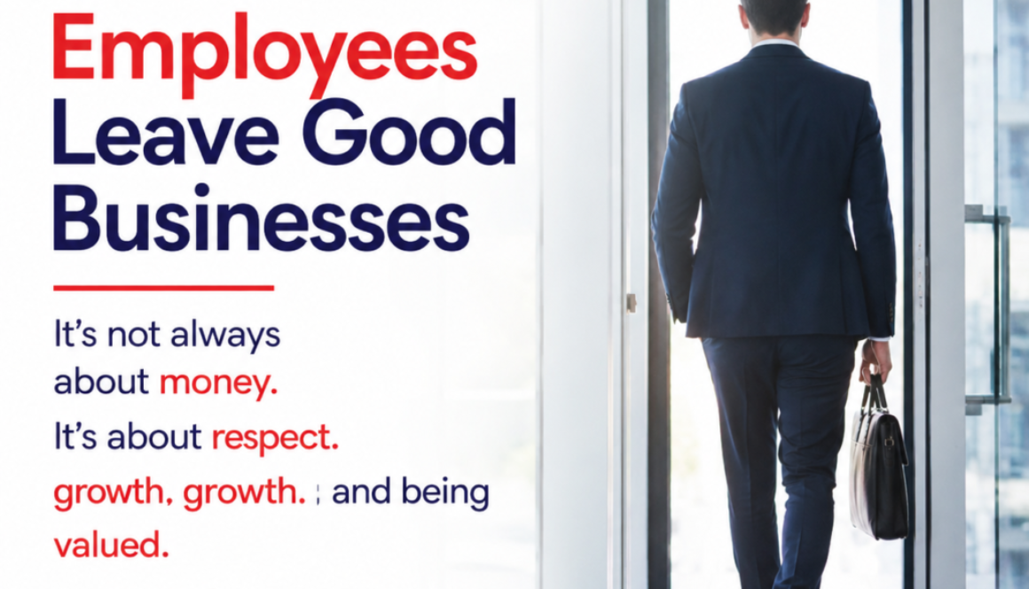 Poster-style image with a man in a suit entering through glass doors next to bold red/blue text reading 'Why Good Employees Leave Good Businesses' and a Consensus HR logo.