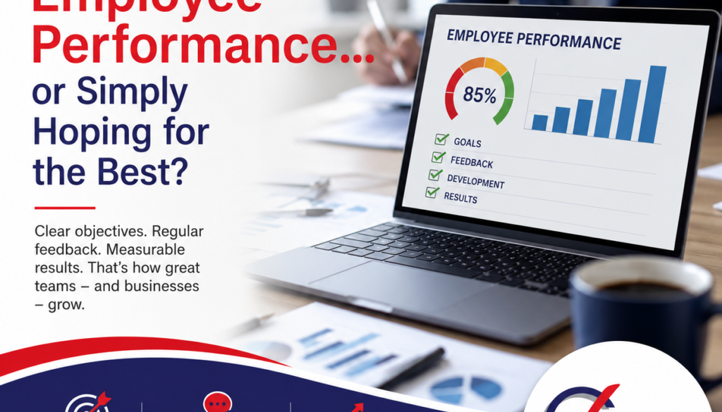 Brochure cover with the headline 'Are You Measuring Employee Performance... or Simply Hoping for the Best?' and a laptop showing performance charts and checklists in a business setting.