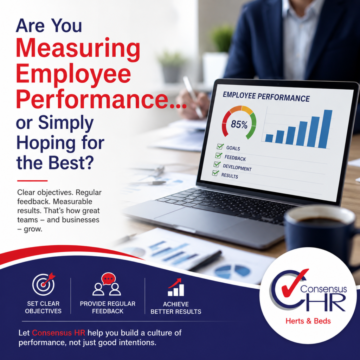 Brochure cover with the headline 'Are You Measuring Employee Performance... or Simply Hoping for the Best?' and a laptop showing performance charts and checklists in a business setting.