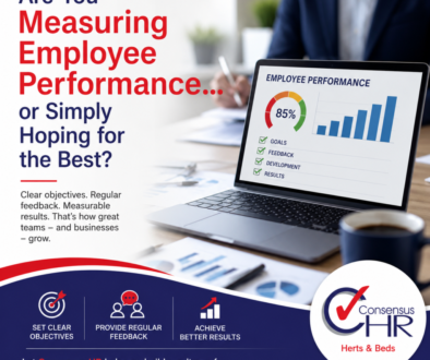 Brochure cover with the headline 'Are You Measuring Employee Performance... or Simply Hoping for the Best?' and a laptop showing performance charts and checklists in a business setting.
