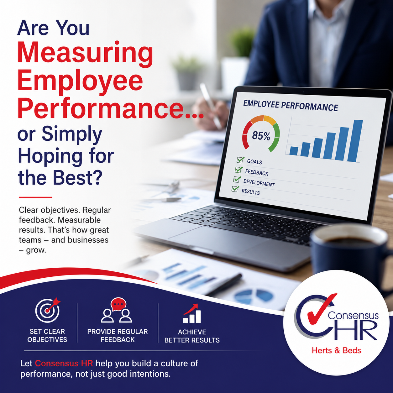 Brochure cover with the headline 'Are You Measuring Employee Performance... or Simply Hoping for the Best?' and a laptop showing performance charts and checklists in a business setting.