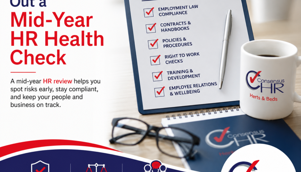 Promotional poster for a Mid-Year HR Health Check with a clipboard checklist and branded mug on the right.
