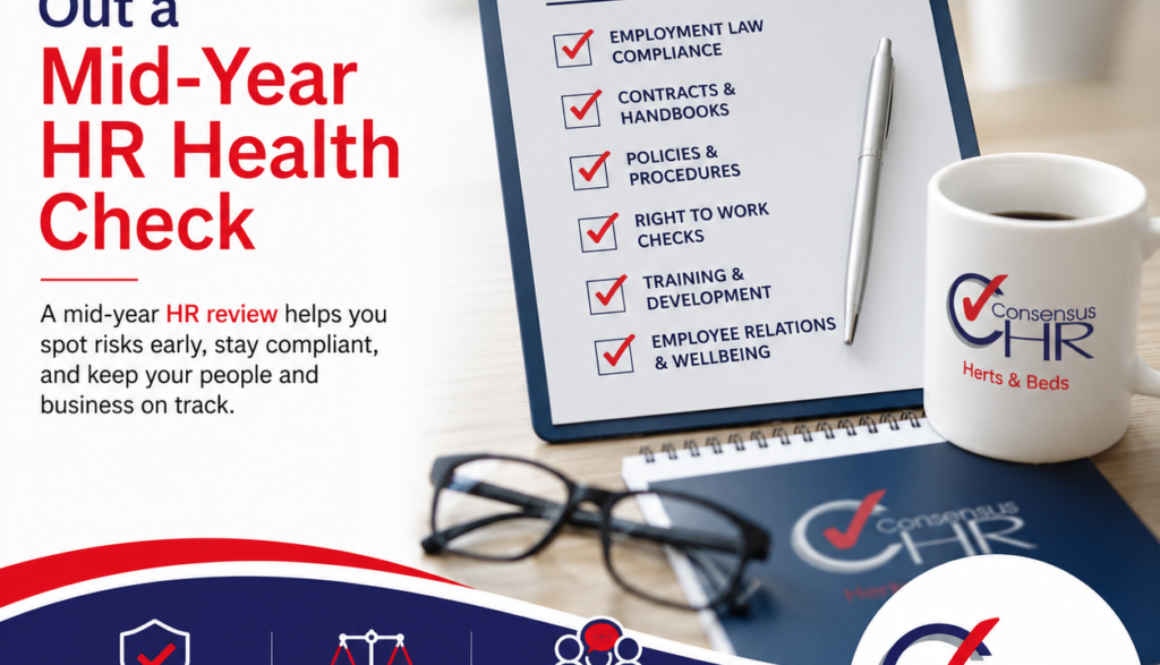 Promotional poster for a Mid-Year HR Health Check with a clipboard checklist and branded mug on the right.