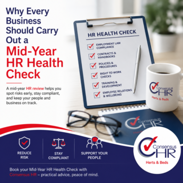 Promotional poster for a Mid-Year HR Health Check with a clipboard checklist and branded mug on the right.