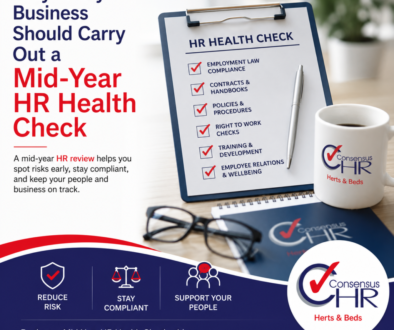 Promotional poster for a Mid-Year HR Health Check with a clipboard checklist and branded mug on the right.