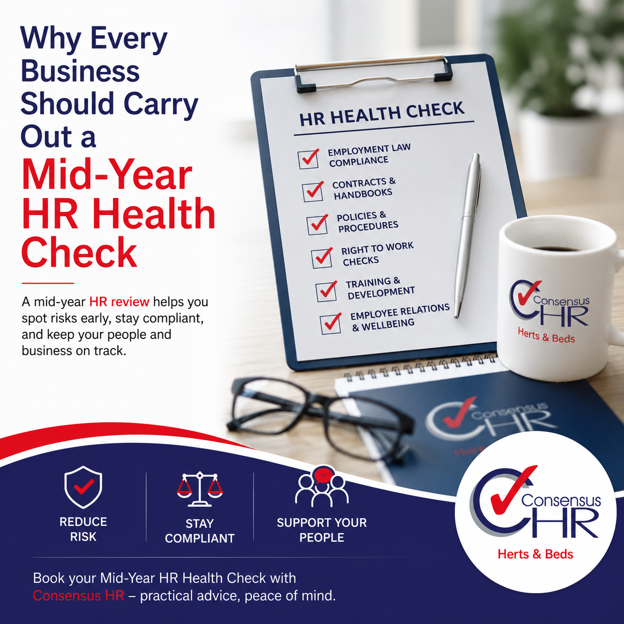 Promotional poster for a Mid-Year HR Health Check with a clipboard checklist and branded mug on the right.
