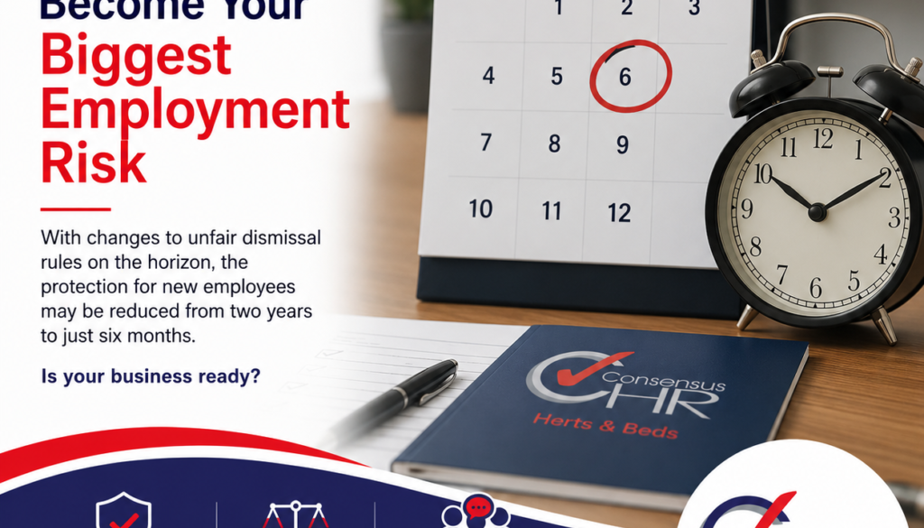 Advertisement for HR: a desk scene with a calendar marked 'Employee Probation' and circled 6, a clock, and bold red text about employment risk.
