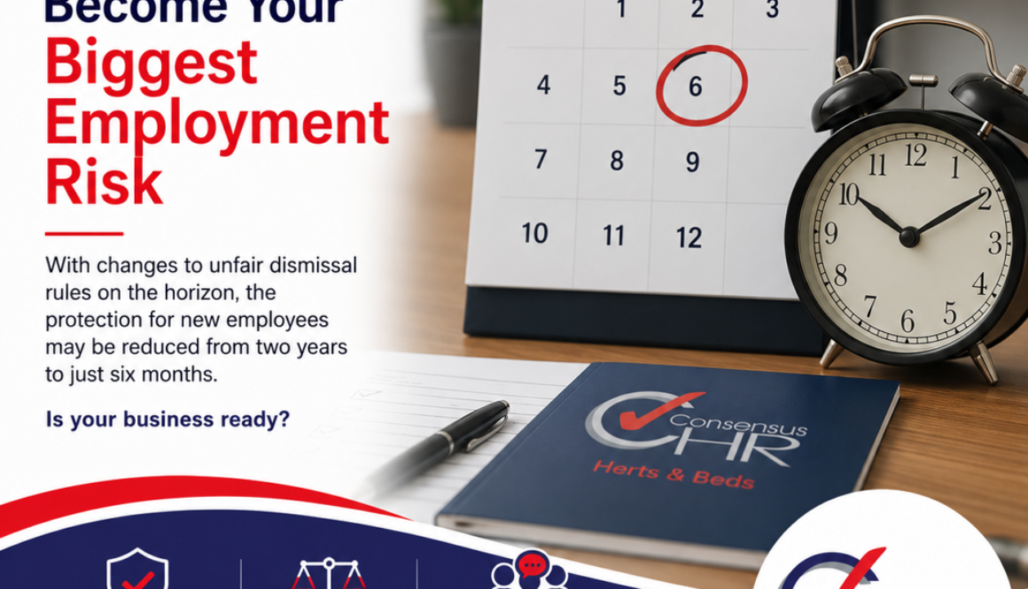 Advertisement for HR: a desk scene with a calendar marked 'Employee Probation' and circled 6, a clock, and bold red text about employment risk.