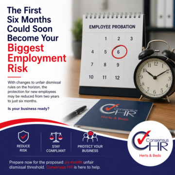 Advertisement for HR: a desk scene with a calendar marked 'Employee Probation' and circled 6, a clock, and bold red text about employment risk.