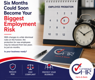 Advertisement for HR: a desk scene with a calendar marked 'Employee Probation' and circled 6, a clock, and bold red text about employment risk.