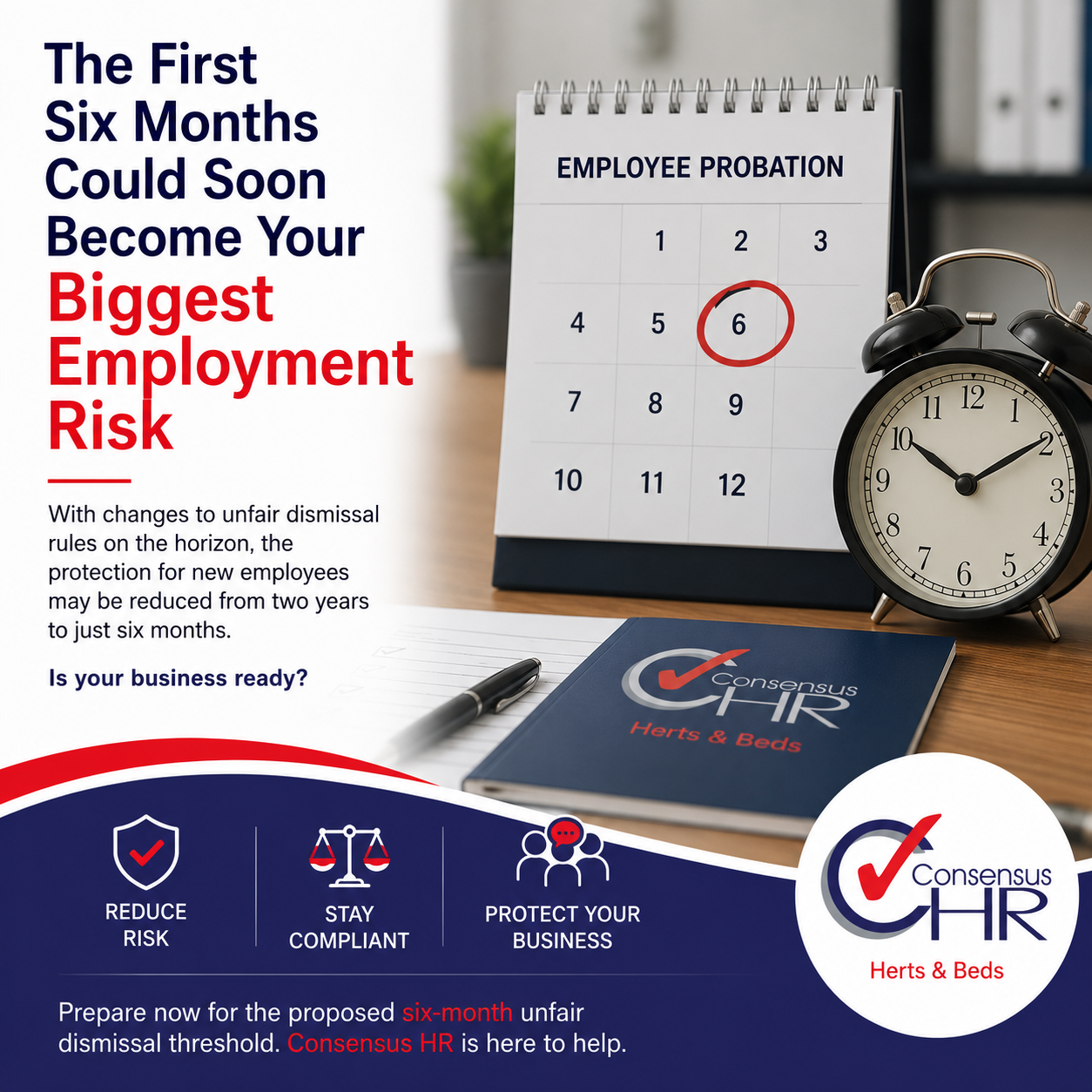 Advertisement for HR: a desk scene with a calendar marked 'Employee Probation' and circled 6, a clock, and bold red text about employment risk.