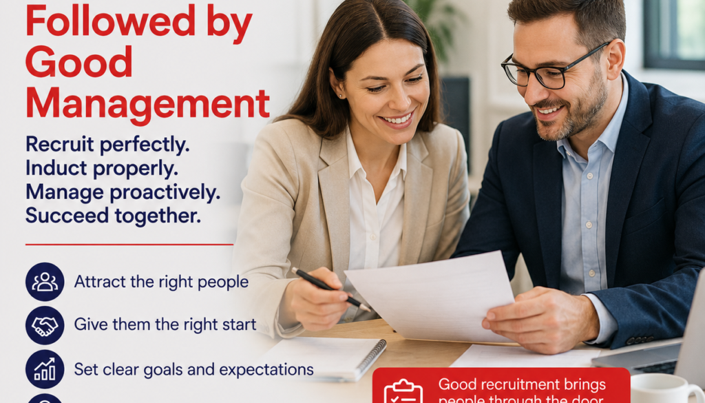 Two professionals review documents at a desk with a blue-and-red recruitment-themed poster: 'Why Good Recruitment Must Be Followed by Good Management' and a Consensus HR logo in the corner.