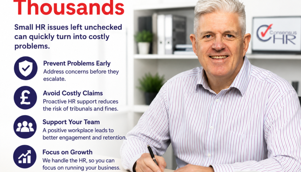 Infographic promoting proactive HR benefits; a smiling man in a striped shirt signs papers at a desk, with bullet icons on the left listing benefits (Prevent Problems Early, Avoid Costly Claims, Support Your Team, Focus on Growth).