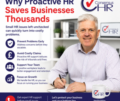 Infographic promoting proactive HR benefits; a smiling man in a striped shirt signs papers at a desk, with bullet icons on the left listing benefits (Prevent Problems Early, Avoid Costly Claims, Support Your Team, Focus on Growth).