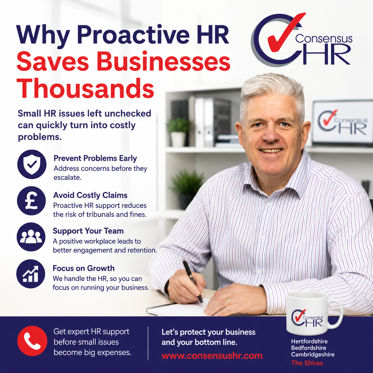 Infographic promoting proactive HR benefits; a smiling man in a striped shirt signs papers at a desk, with bullet icons on the left listing benefits (Prevent Problems Early, Avoid Costly Claims, Support Your Team, Focus on Growth).